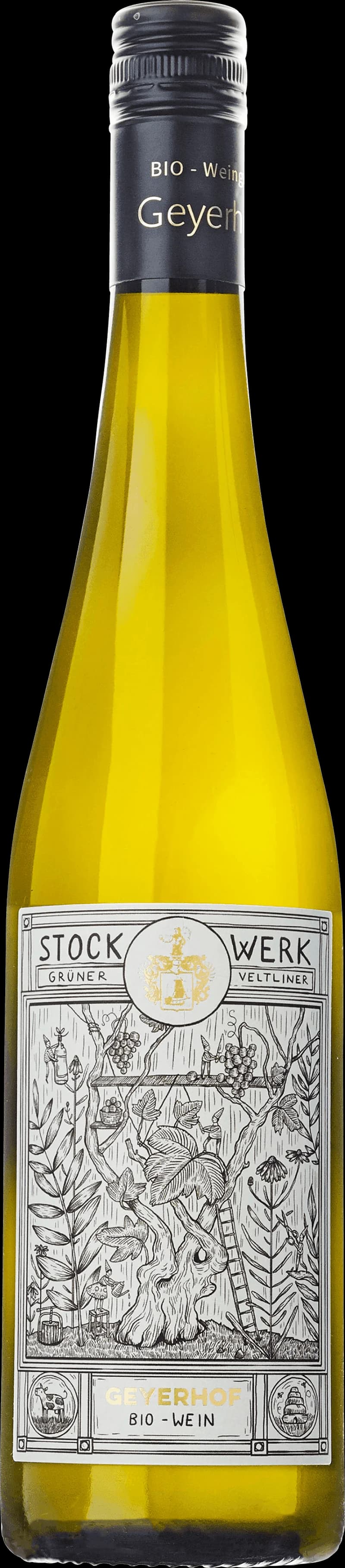 Flaska av Geyerhof Stockwerk vitt vin mot ljus bakgrund.