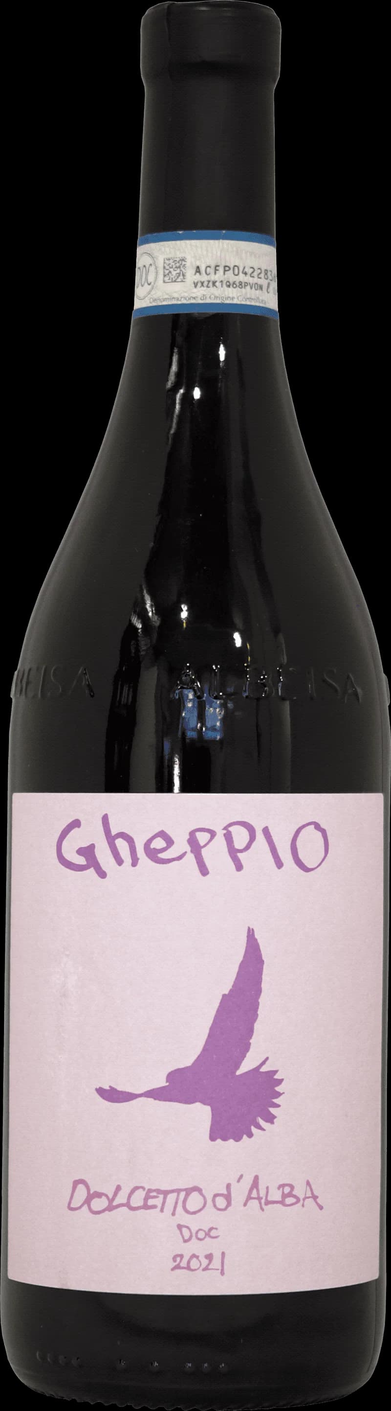 Etikett på en flaska Gheppio rött vin mot en mörk bakgrund.
