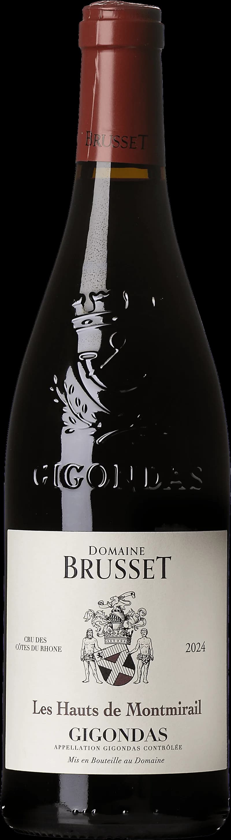 Flaska av rött vin från Gigondas, Les Hauts des Montmirail, med etikett.