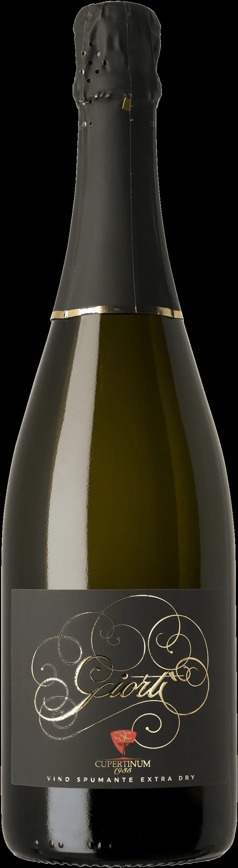 Flaska med Giorti mousserande vin mot en mörk bakgrund.