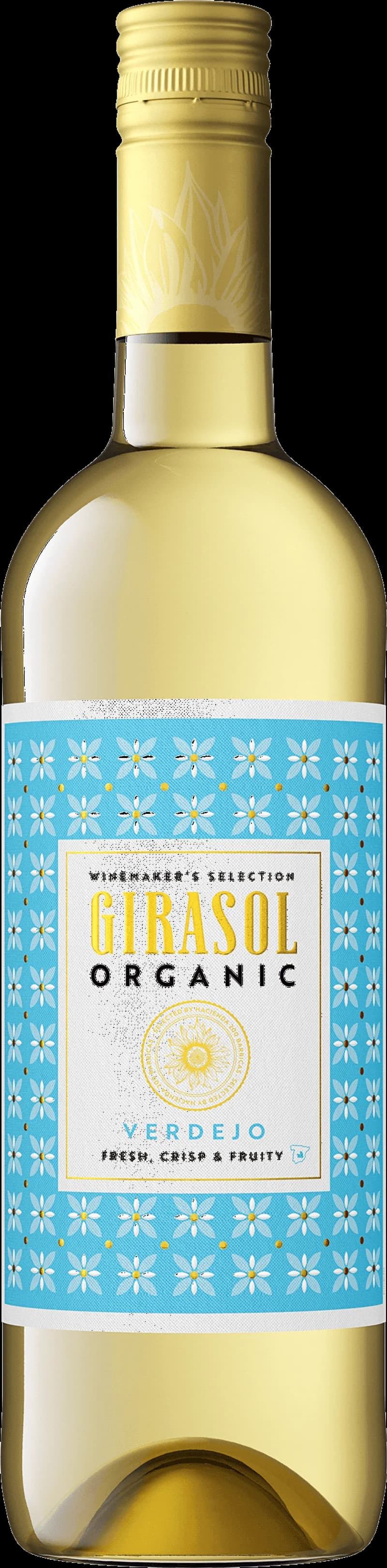 Flaska med Girasol vitt vin på ett bord