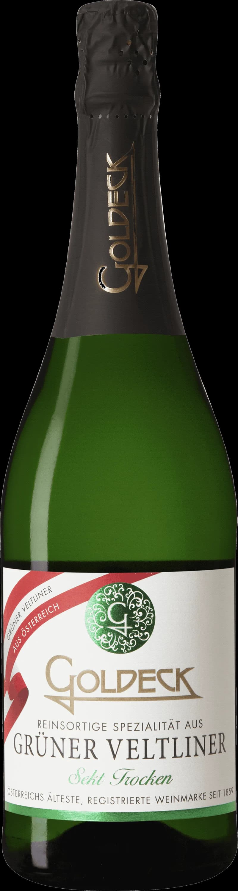 Flaska av mousserande vin från Goldeck, druvan Grüner Veltliner.