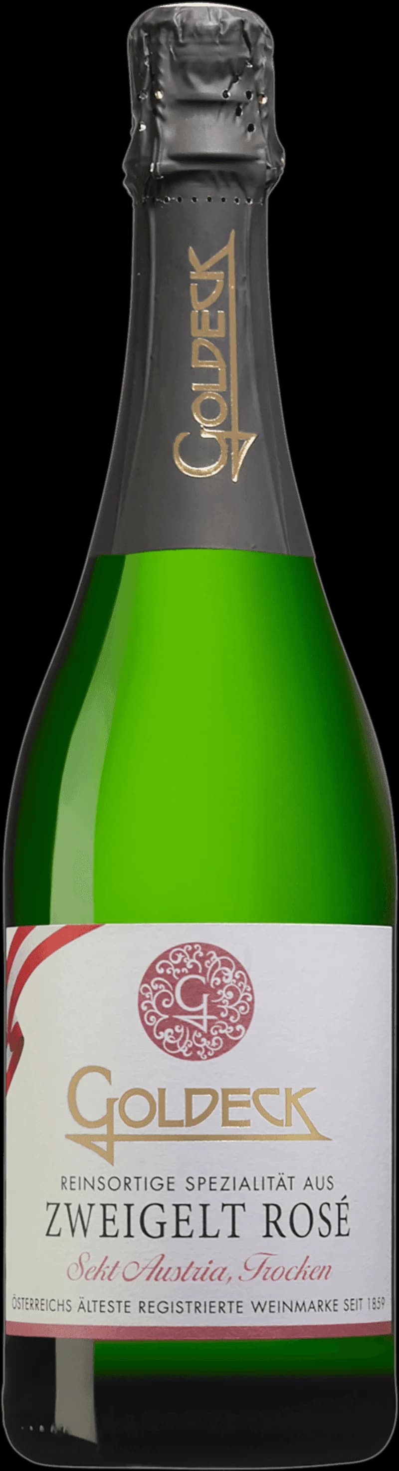Flaska av Goldeck Zweigelt rosé mousserande vin mot neutral bakgrund.