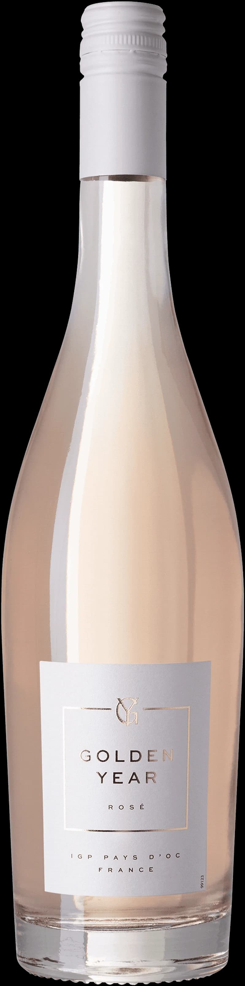 Flaska av Golden Year rosévin mot en ljus bakgrund.