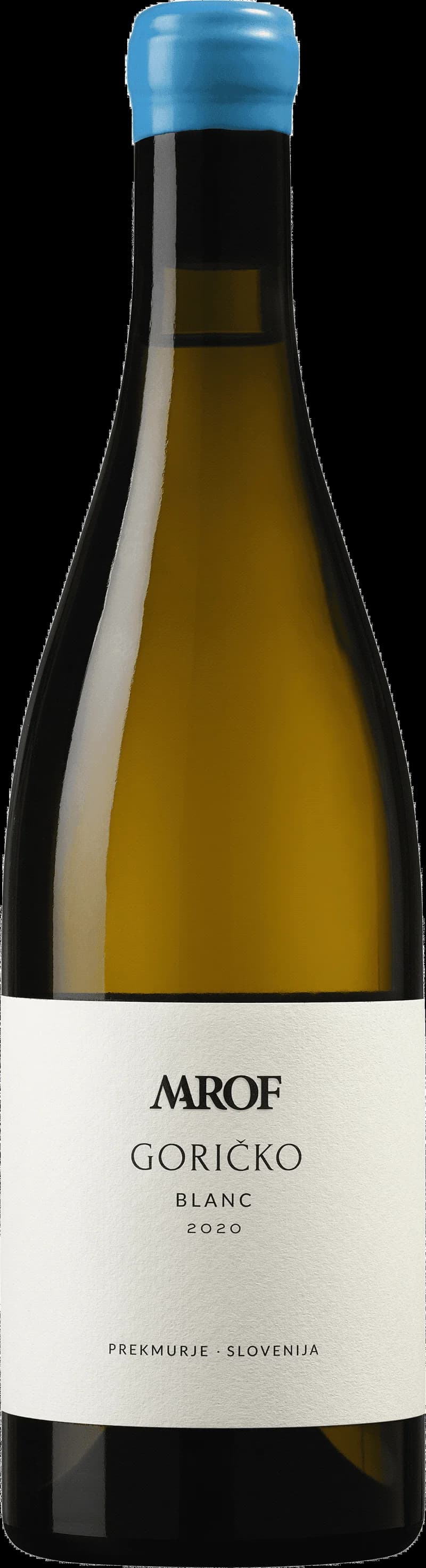 Flaska med Goričko Blanc vitt vin mot ljus bakgrund.