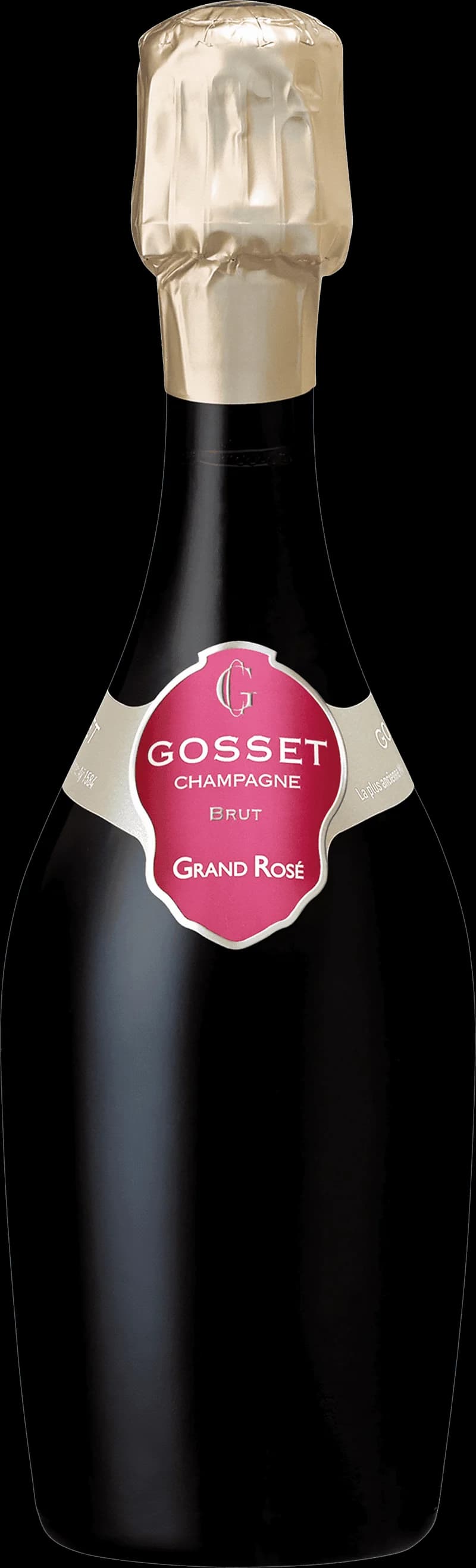 Flaska Gosset mousserande vin mot en mörk bakgrund.