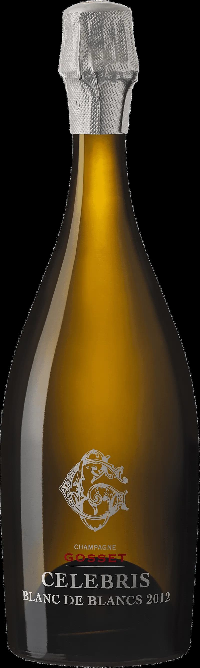 Flaska med Gosset mousserande vin mot en mörk bakgrund.