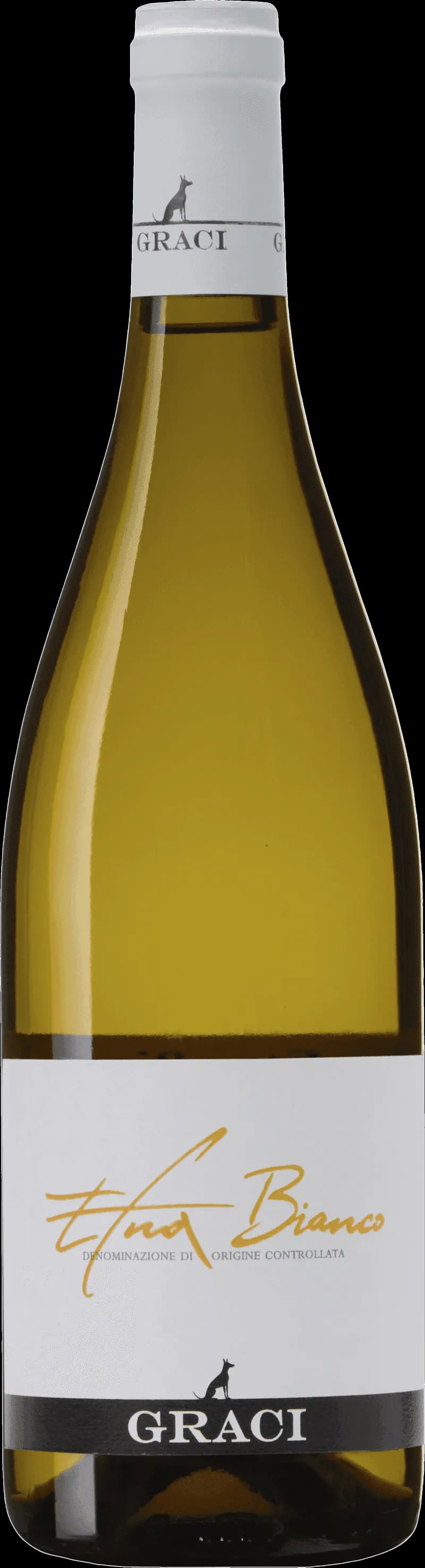 Flaska av Gràci vitt vin mot ljus bakgrund