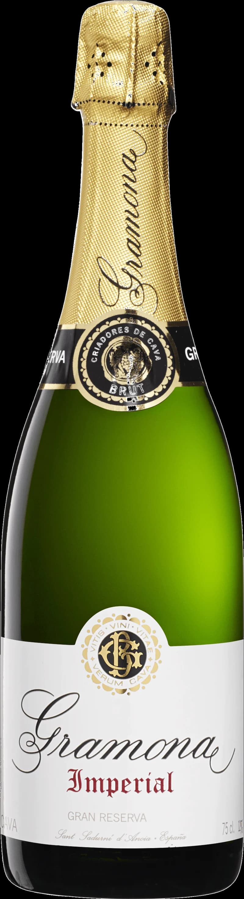 Flaska av Gramona mousserande vin mot en neutral bakgrund.