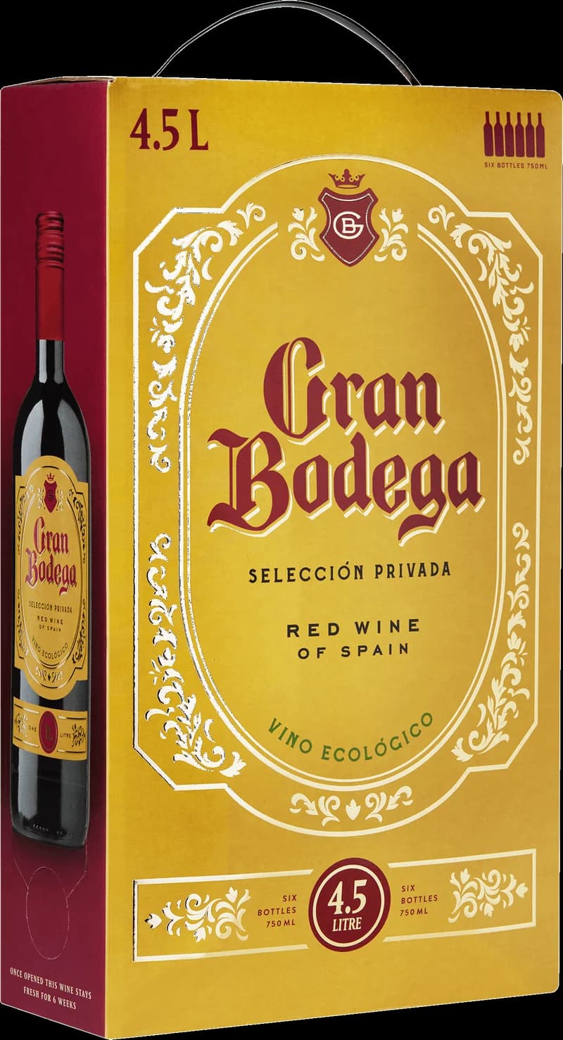 Flaska med rött vin från Gran Bodega på en bordsservering.