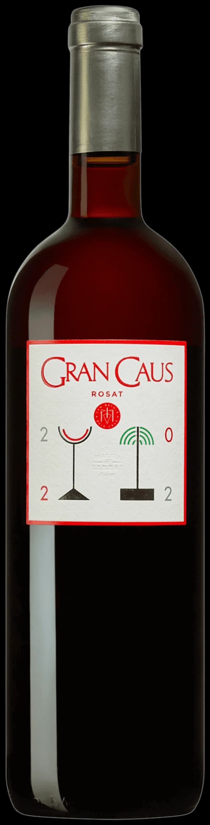 Flaska och glas med Gran Caus rosévin mot en ljus bakgrund.
