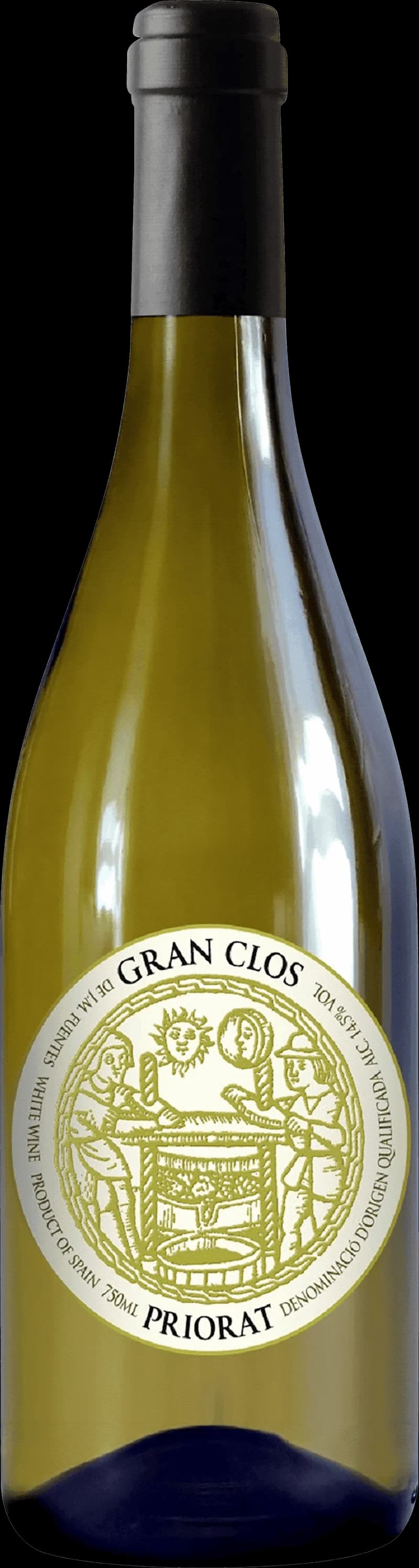 Flaska av Gran Clos vitt vin mot en neutral bakgrund.