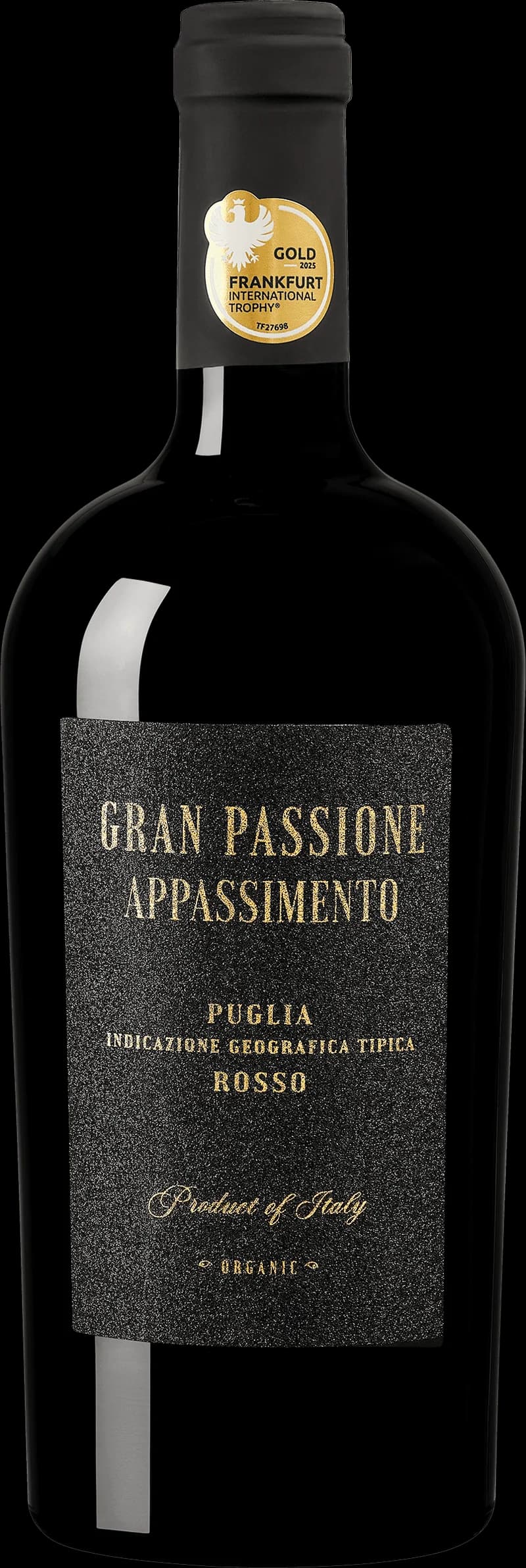 Flaska av Gran Passione rött vin mot neutral bakgrund.