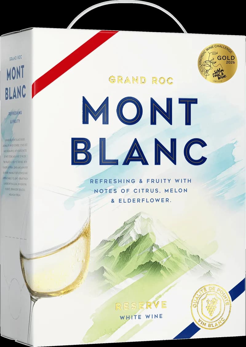 Flaska av Grand Roc Mont Blanc vitt vin mot neutral bakgrund