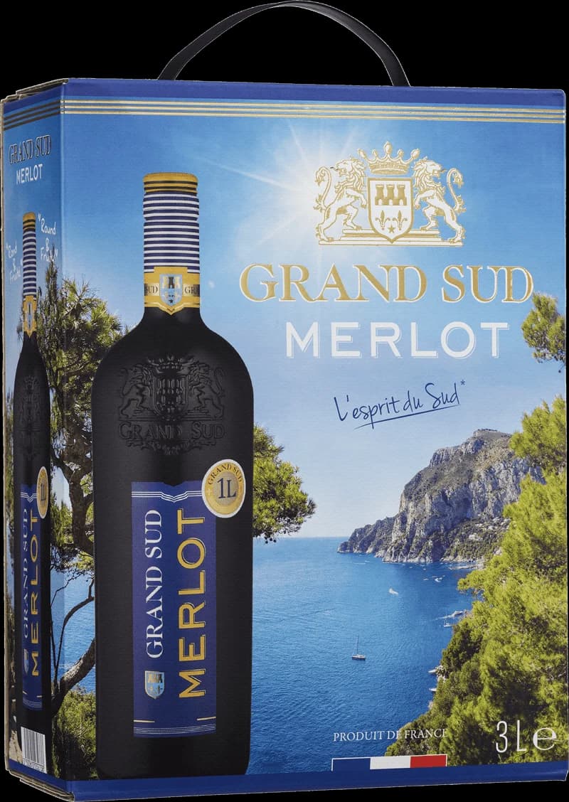Flaska Grand Sud rött vin mot neutral bakgrund