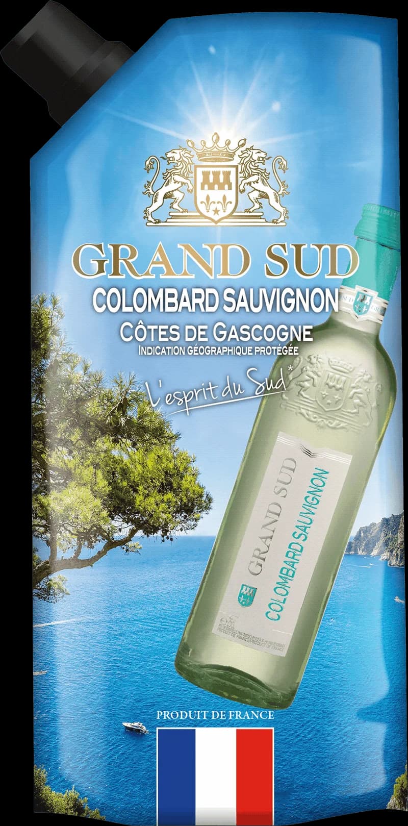Flaska Grand Sud vitt vin mot ljus bakgrund