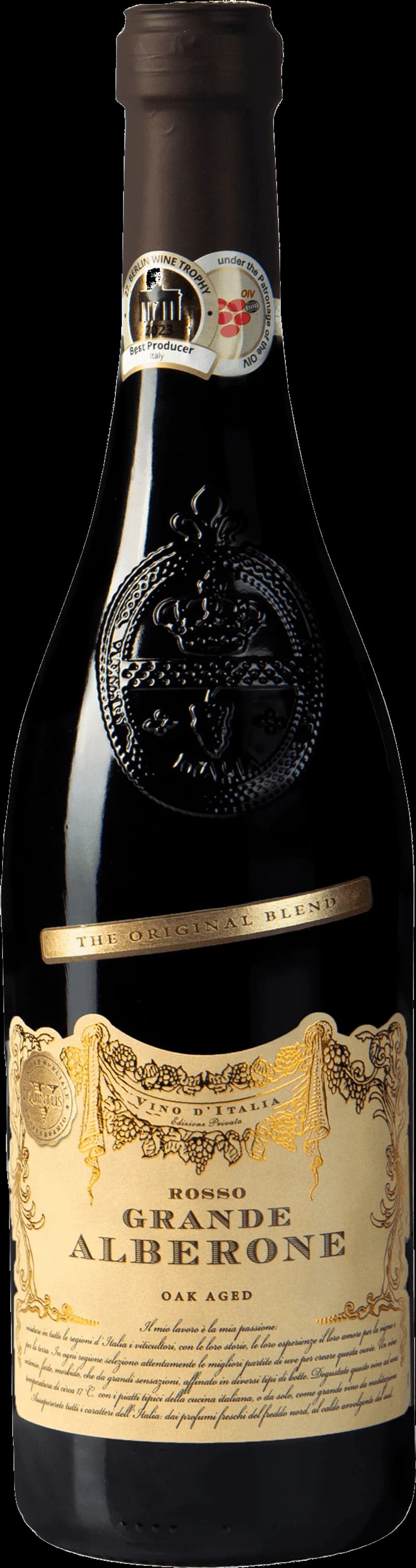 Flaska av rött vin från Grande Alberone