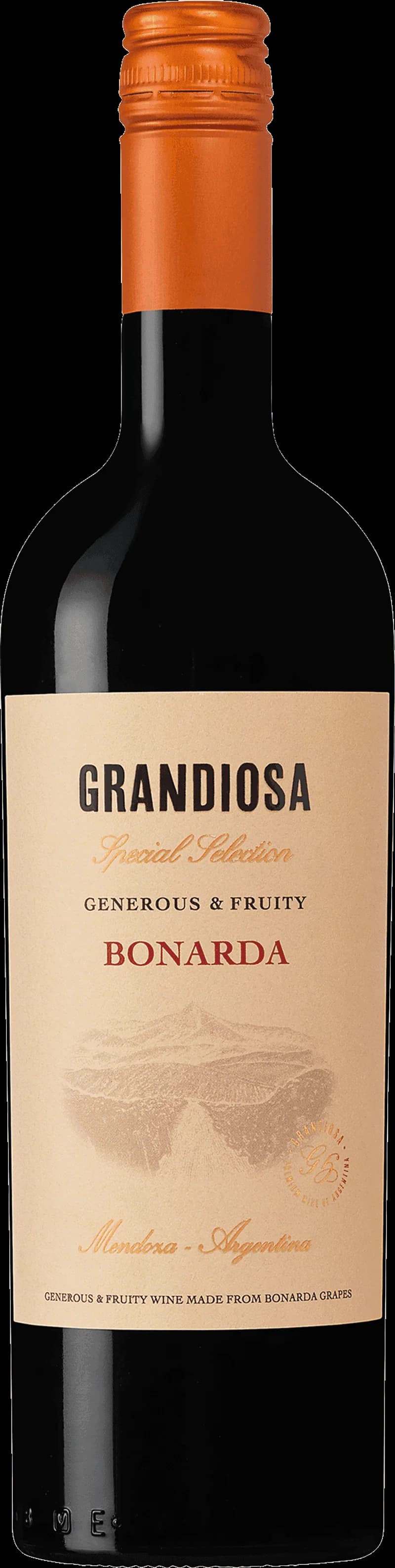 Flaska Grandiosa rött vin med etikett som visar årgång 2008 och artikelnummer 201.
