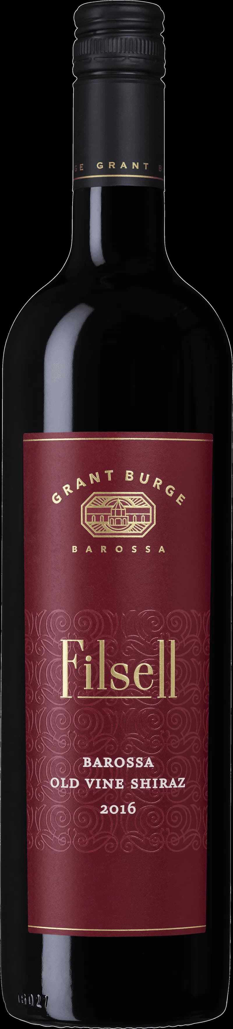 Flaska och glas med Grant Burge Fisell rött vin på en bordduk.