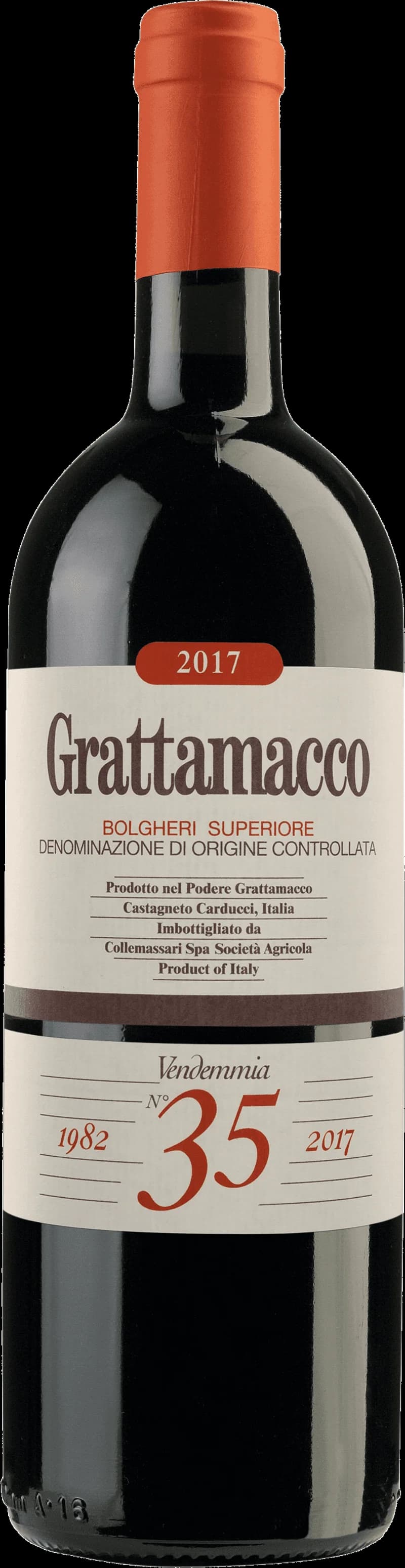 Flaska av Grattamacco rött vin på en bordsservering.