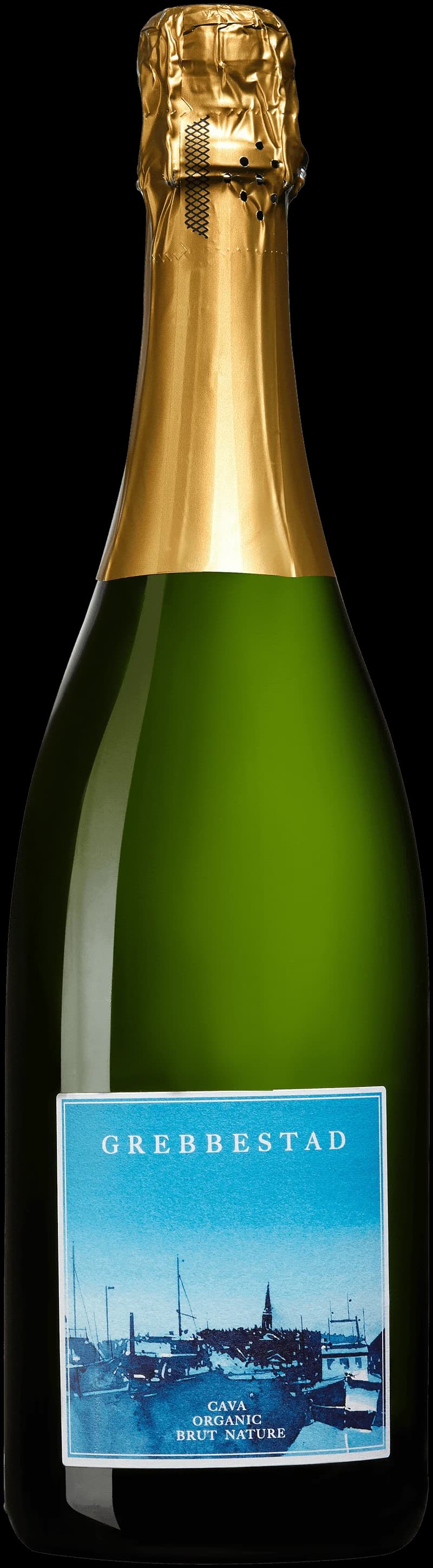 Grebbestad Cava mousserande vin i glas och flaska på vit bakgrund