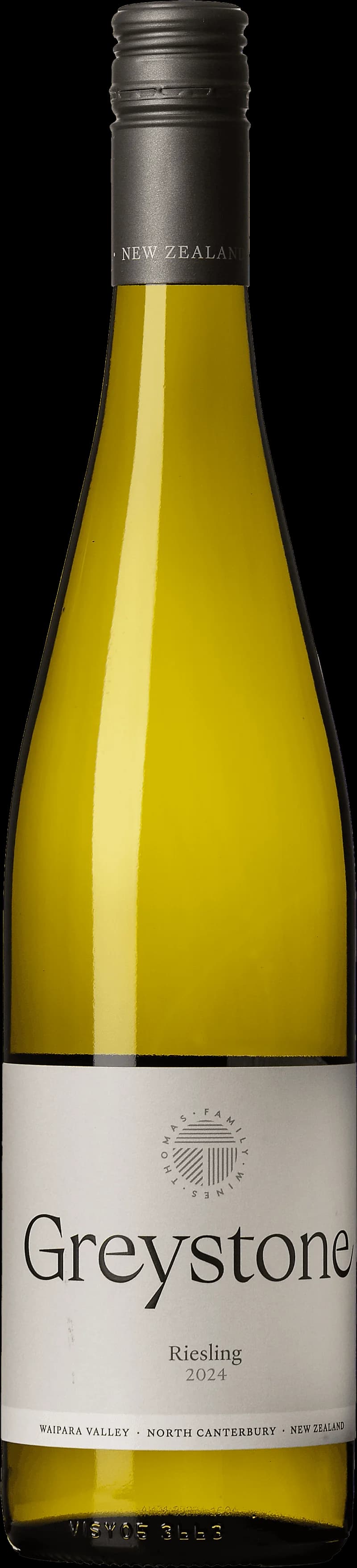 Flaska av Greystone Riesling vitt vin på en ljus bakgrund.