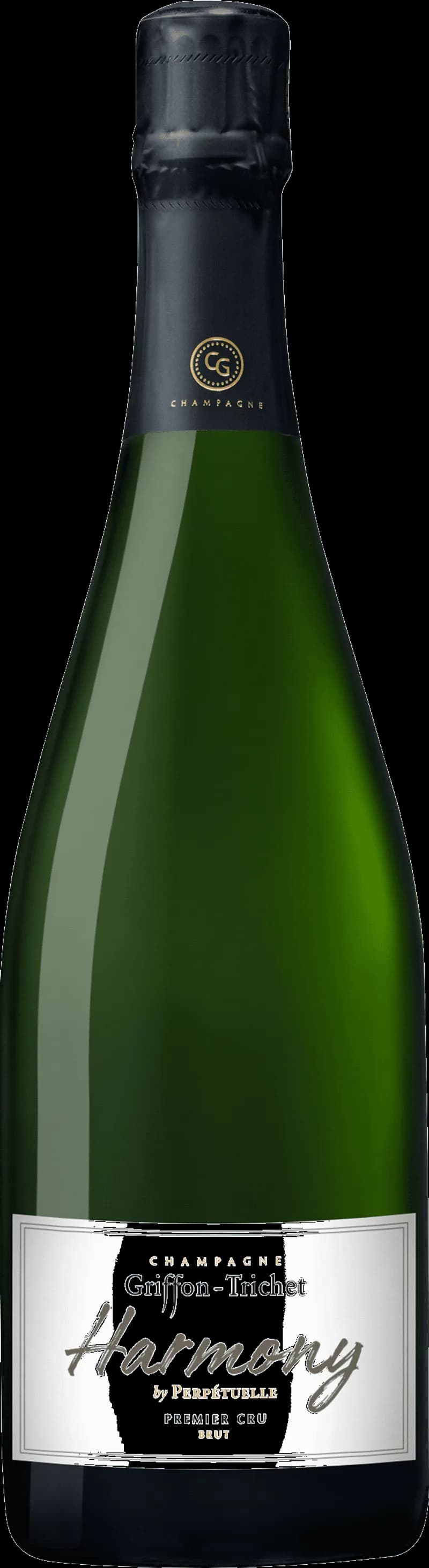 Flaska av Griffon Trichet mousserande vin på en vit bakgrund.