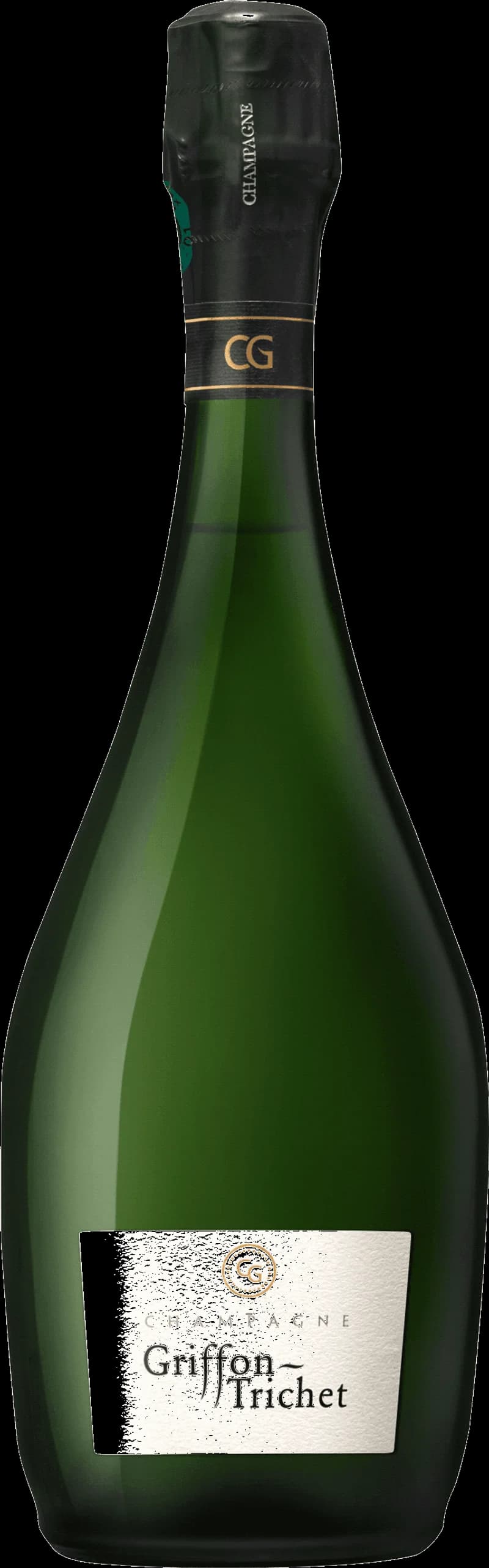 Flaska av Griffon Trichet mousserande vin mot ljus bakgrund.