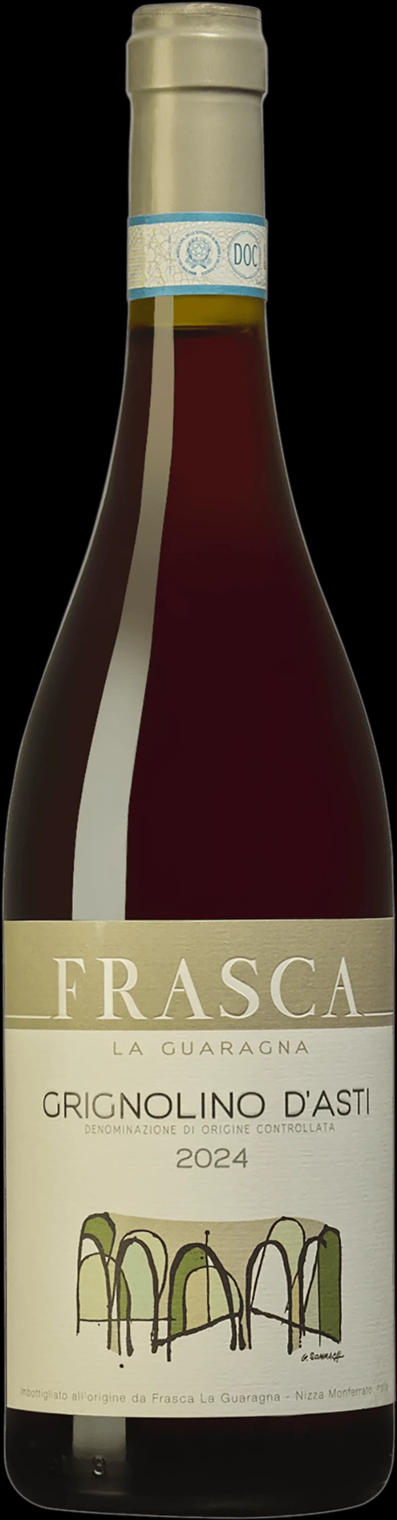 Flaska med Grignolino d'Asti rött vin mot ljus bakgrund
