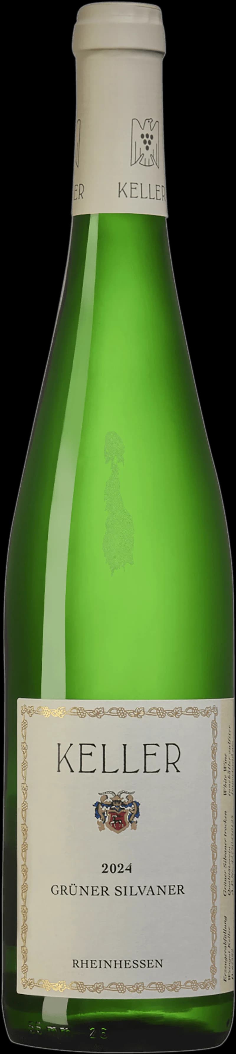Flaska med Grüner Silvaner torrt vitt vin mot neutral bakgrund.