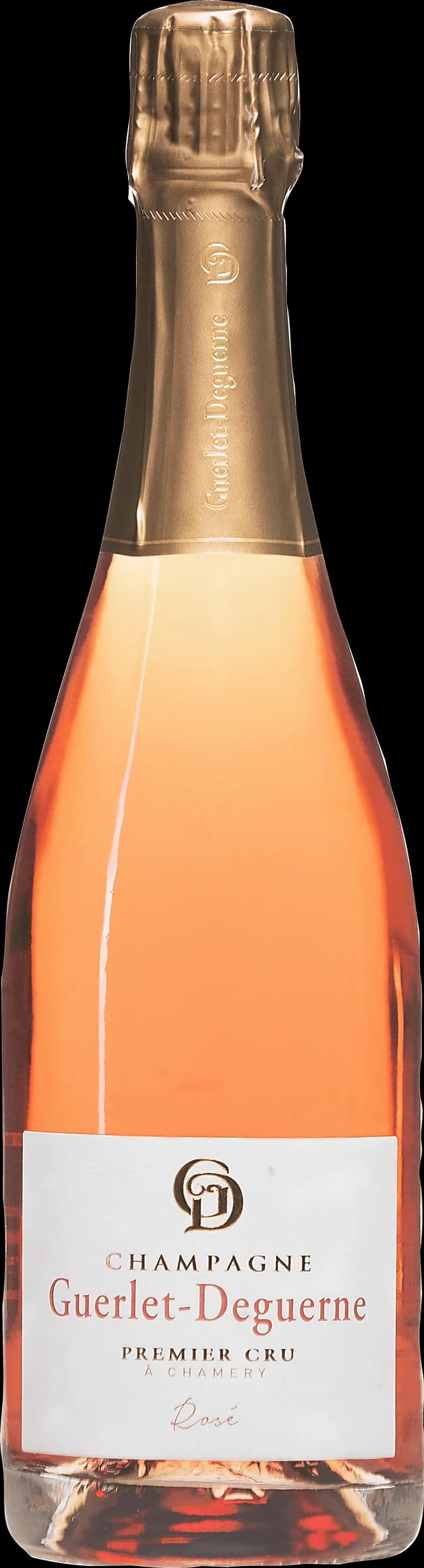 Flaska av Guerlet Deguerné mousserande vin på vit bakgrund