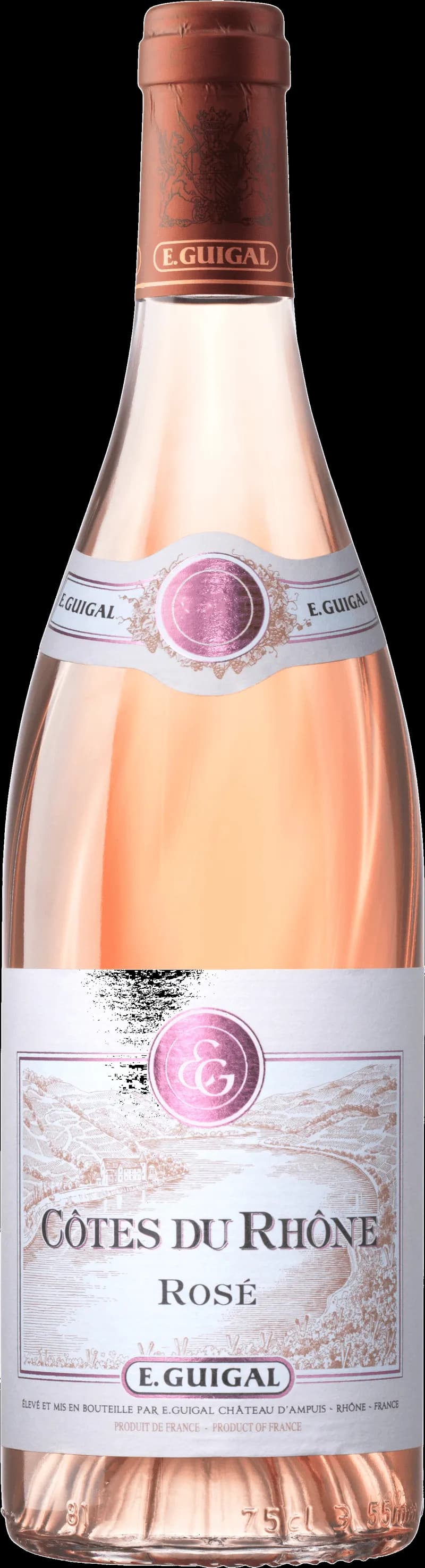 Flaska med Guigal rosévin mot ljus bakgrund