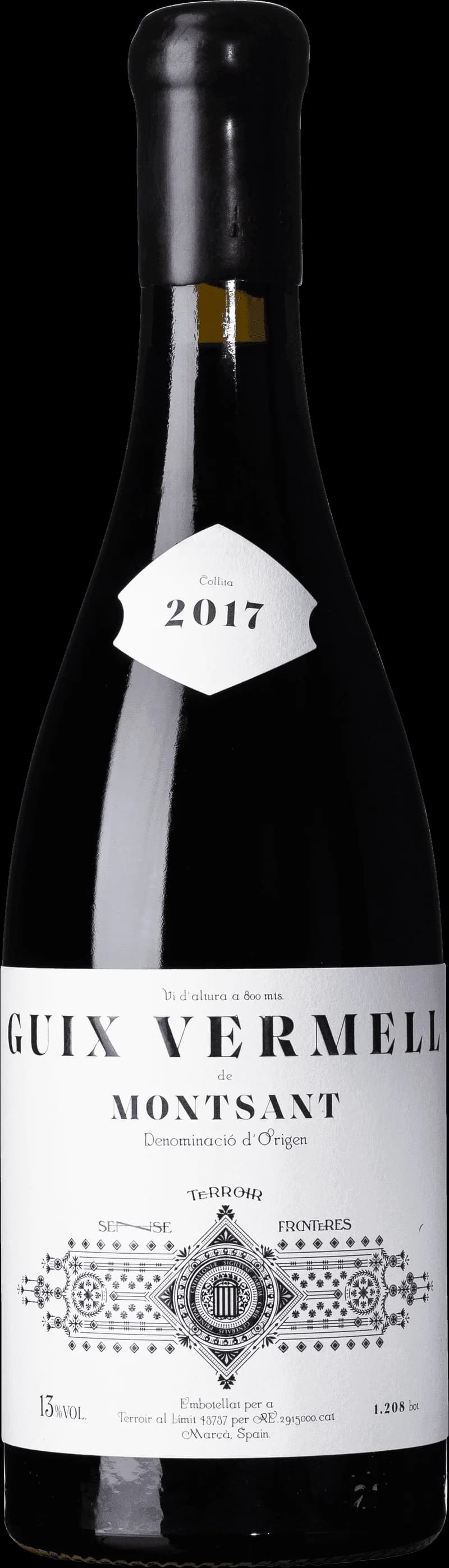 Flaska av rött vin Guix Vermell på vit bakgrund.