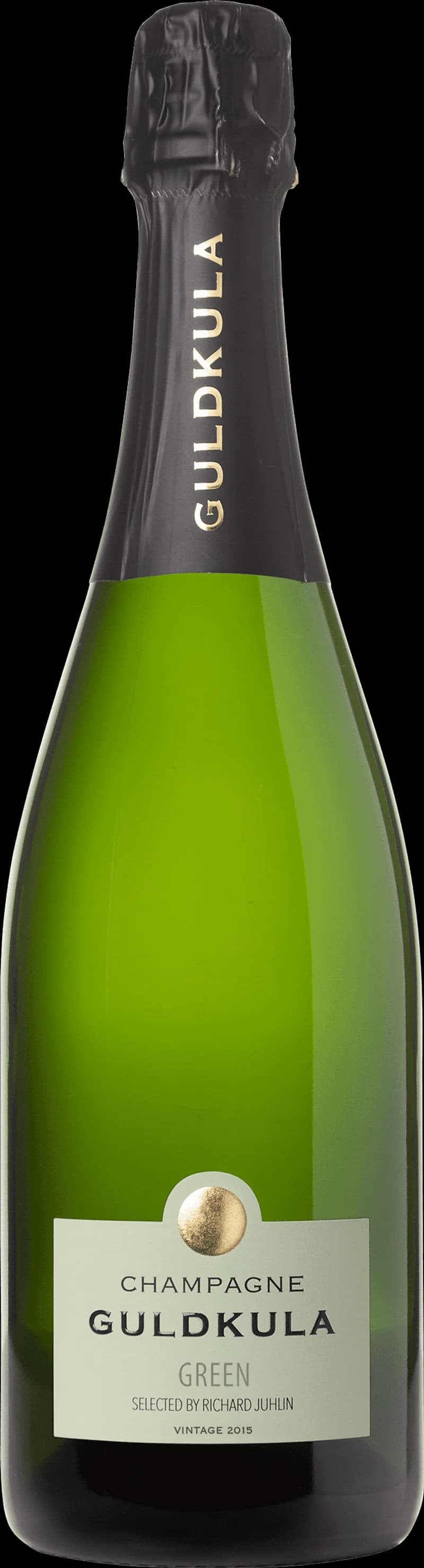 Flaska av Guldkula Green mousserande vin mot en ljus bakgrund.