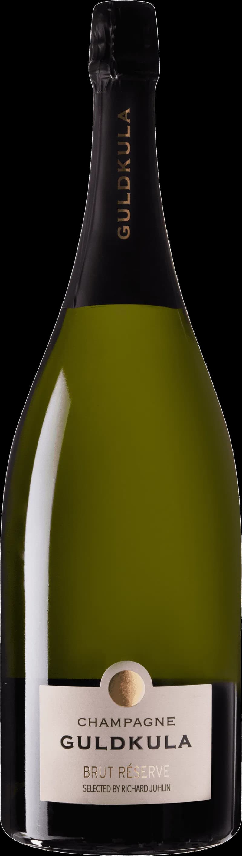 Guldkula mousserande vin i en elegant flaska med guld detaljer.
