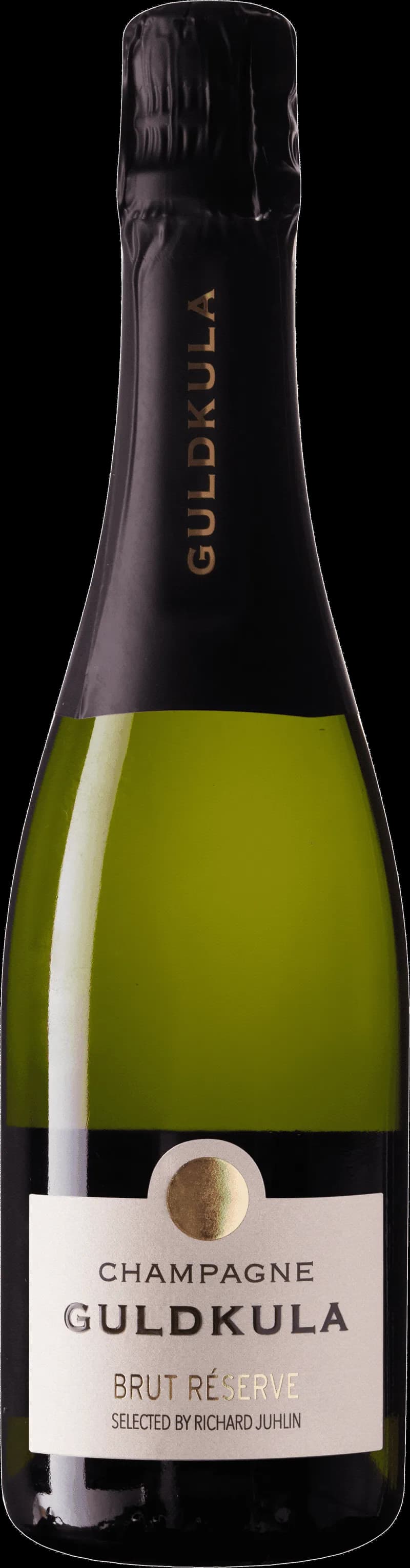 Flaska och glas med Guldkula mousserande vin, bubblande dryck i champagneglas.