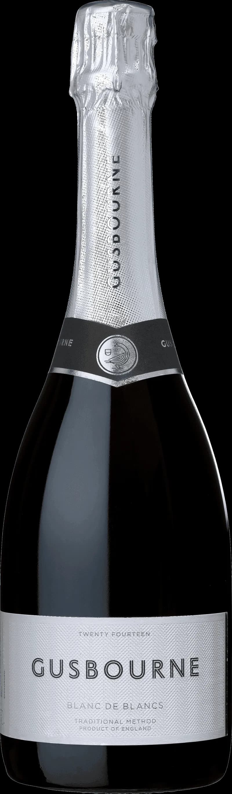 Flaska med Gusbourne mousserande vin mot neutral bakgrund