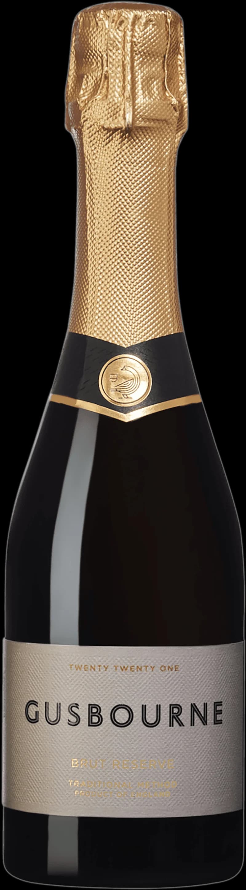 Flaska av Gusbourne mousserande vin mot neutral bakgrund.