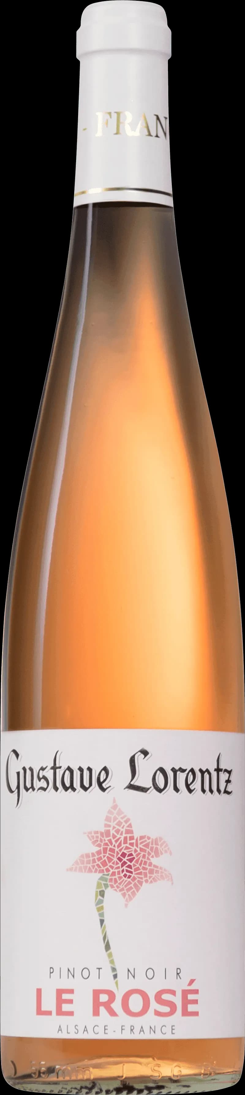 Flaska med Gustave Lorentz rosévin mot en neutral bakgrund.