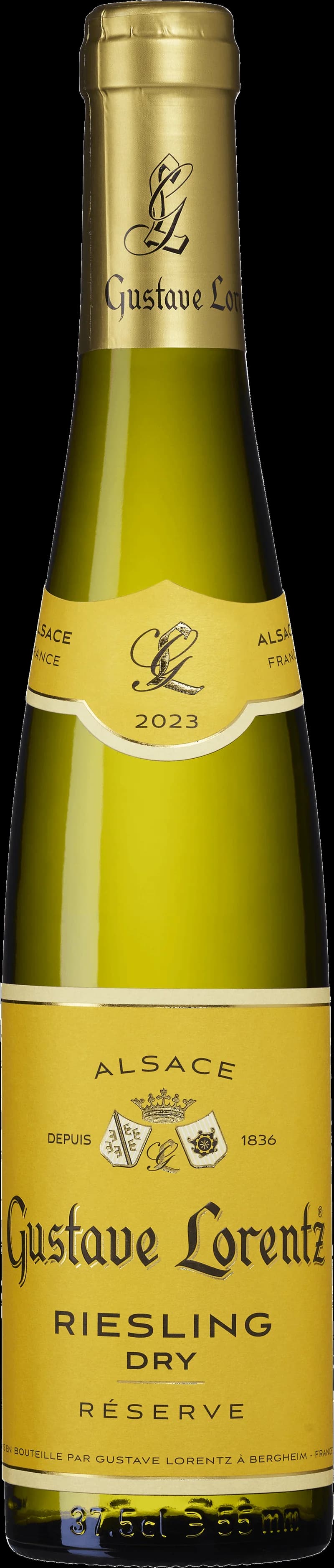 Flaska av Gustave Lorentz vitt vin mot en neutral bakgrund.