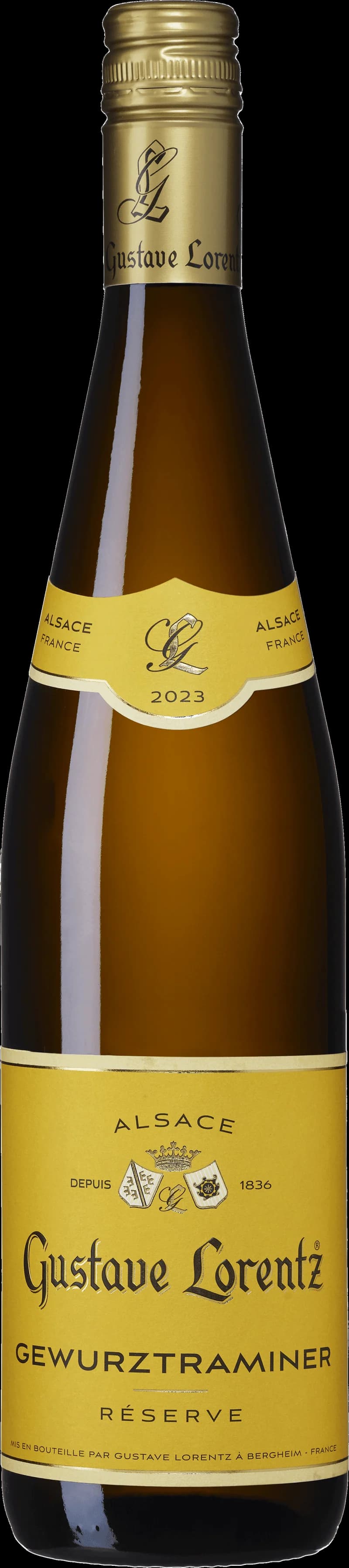 Flaska av vitt vin från Gustave Lorentz på en ljus bakgrund.