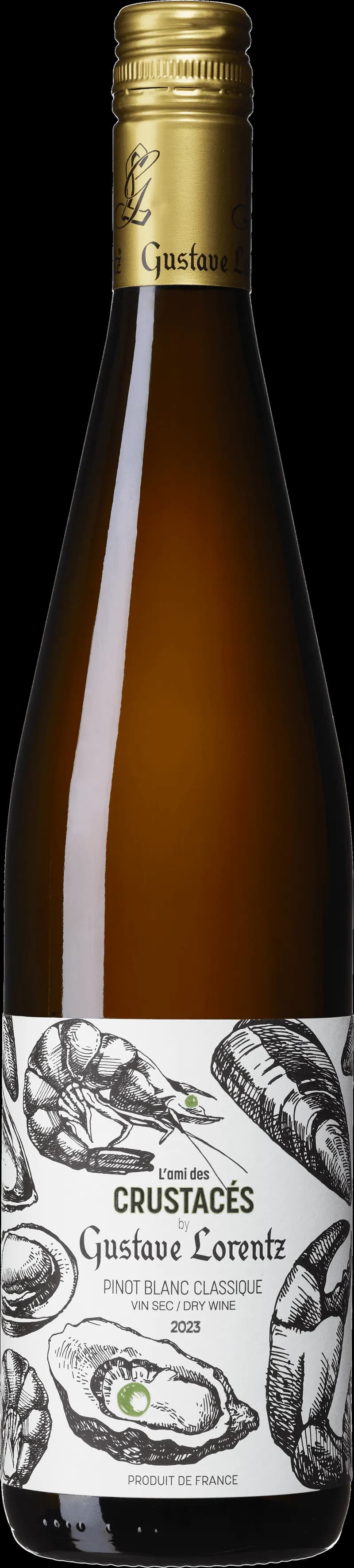 Flaska med vitt vin från Gustave Lorentz, stående mot neutral bakgrund.