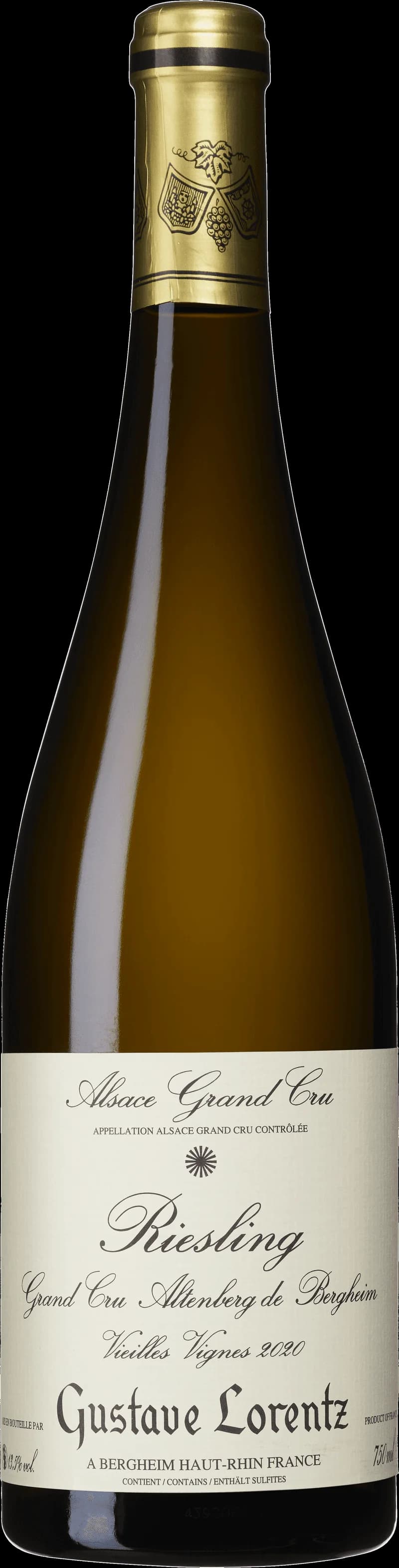 Flaska av vitt vin från Gustave Lorentz på en ljus bakgrund.