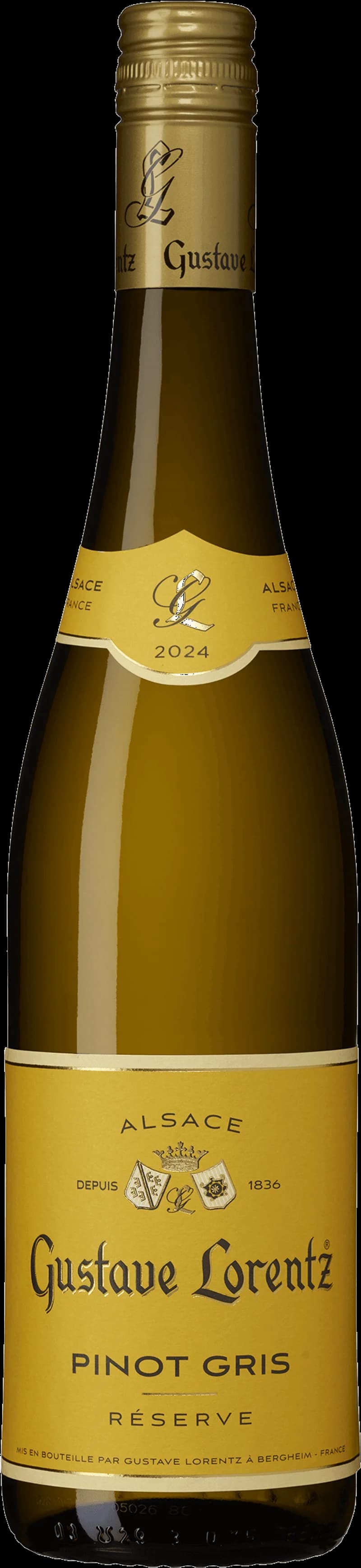 Flaska av vitt vin från Gustave Lorentz på en ljus bakgrund.