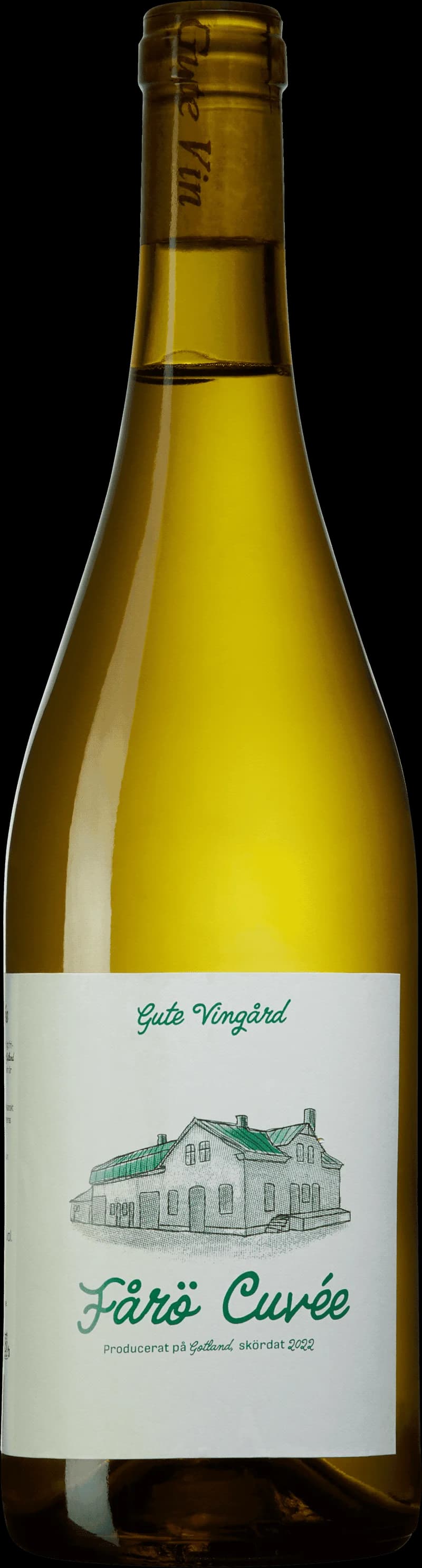 Flaska med Gutevin vitt vin på en ljus bakgrund.