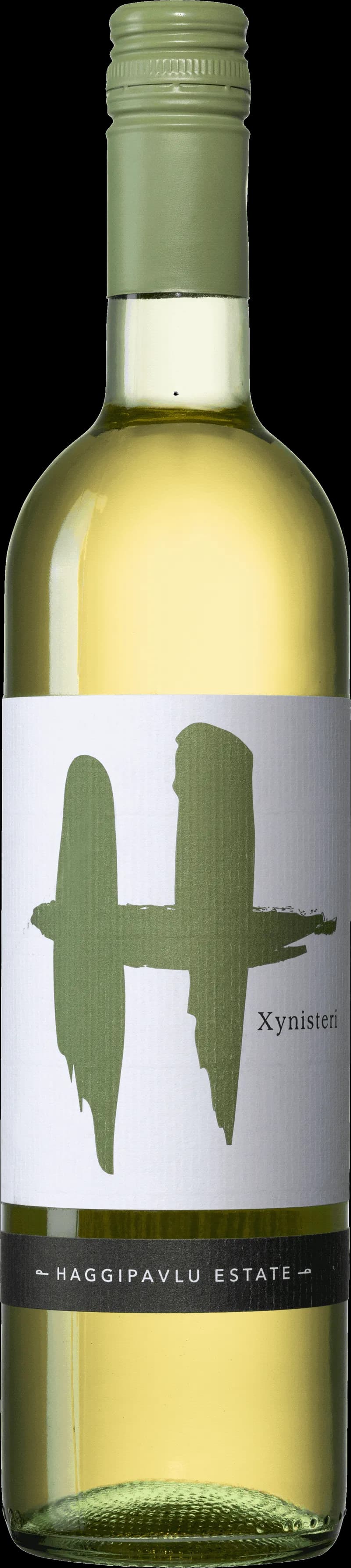 Flaska av vitt vin från H Xinisteri på en ljus bakgrund.