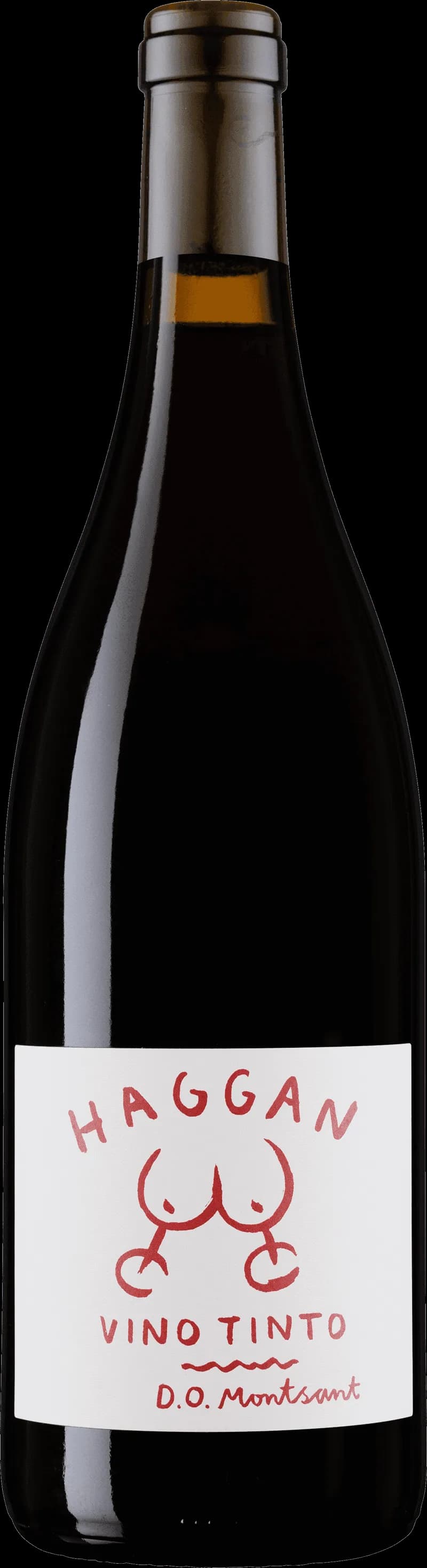 Flaska med rött vin från Haggan, etikett med text och illustration.