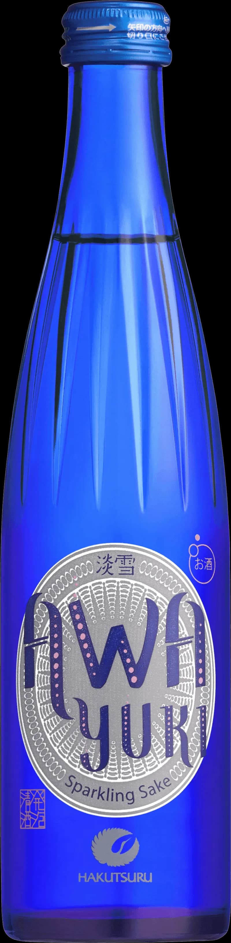 Flaska med etikett för Hakutsuru Awa Yuki sake mot ljus bakgrund.