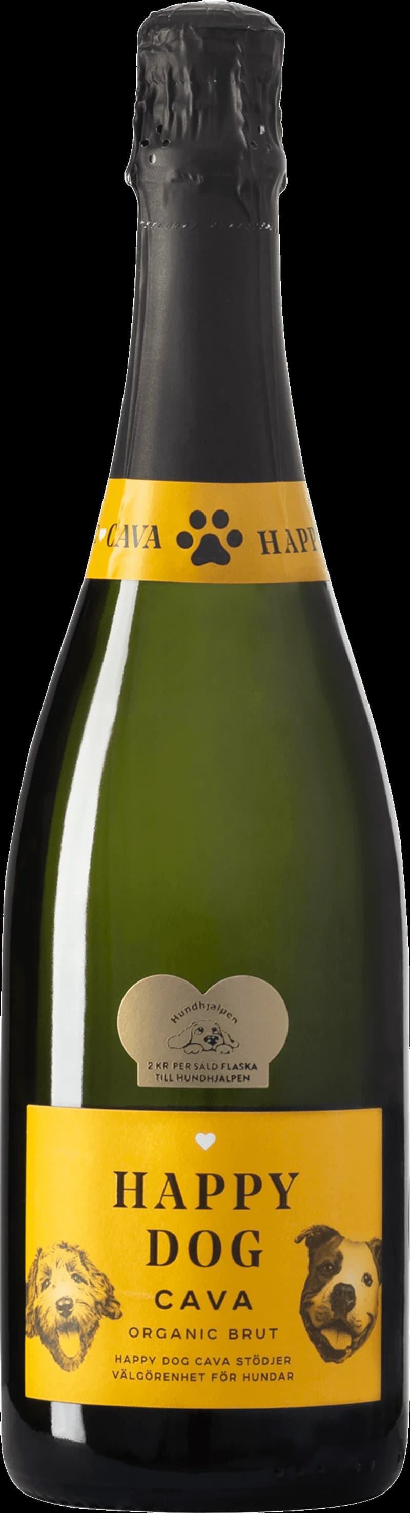 Etikett på mousserande vin med en glad hund.