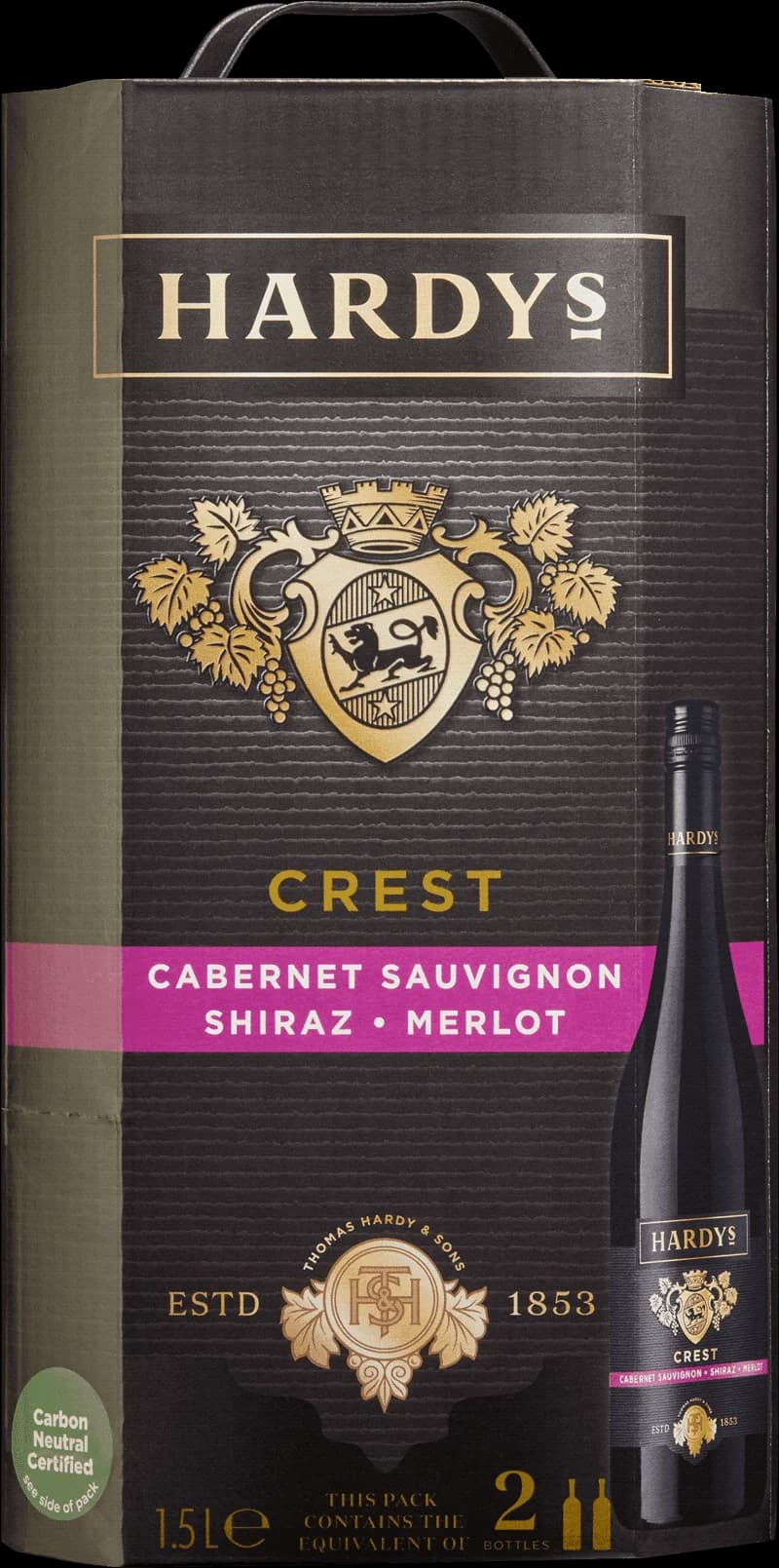 Flaska av Hardys Crest rött vin mot vit bakgrund.